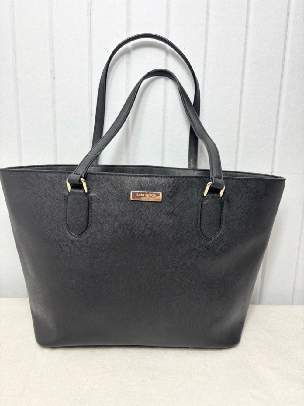 Kate Spade New York  Leather Cow Black Saffiano Tote with Gold Plaque